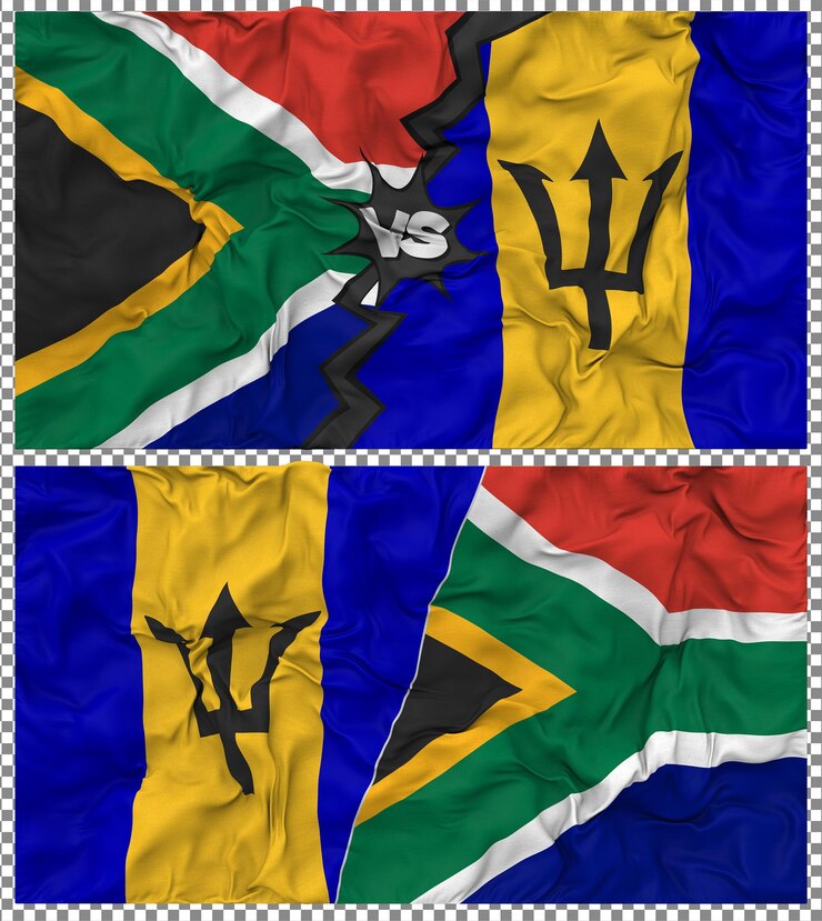 PSD barbados vs south africa half combined flag cloth bump texture 3d rendering