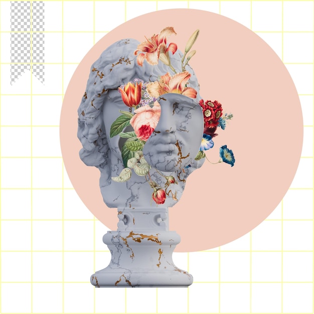 PSD barbarian chief estátuas 3d render colagem com composições de pétalas de flores para o seu trabalho