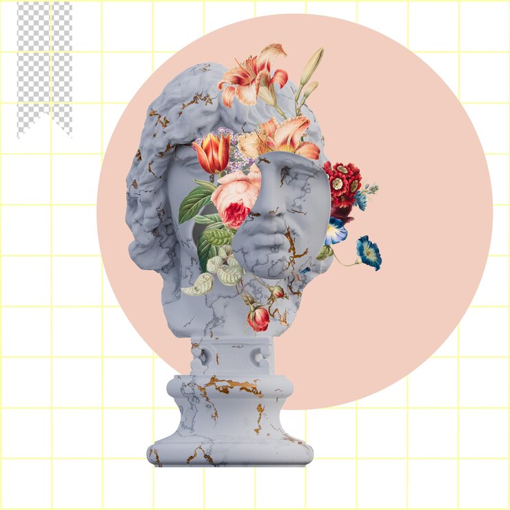PSD barbarian chief statue 3d rendono collage con composizioni di petali di fiori per il tuo lavoro