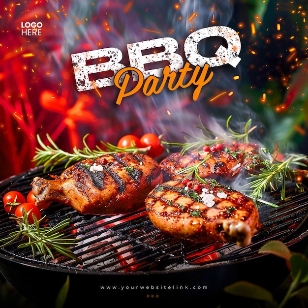 PSD barbecue bbq fête poulet sur le feu design de modèle de message sur les médias sociaux