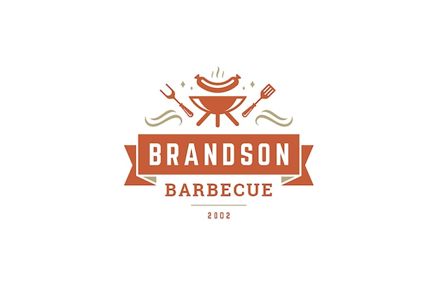 Barbecue grill saucisse cuisson avec couverts modèle de conception de logo vintage ruban festif