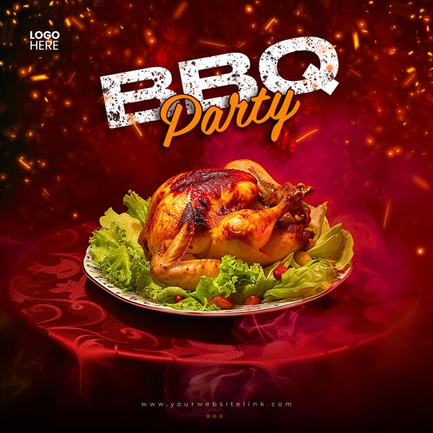 PSD barbeque bbq party pollo en el fuego diseño de plantilla de publicación de redes sociales