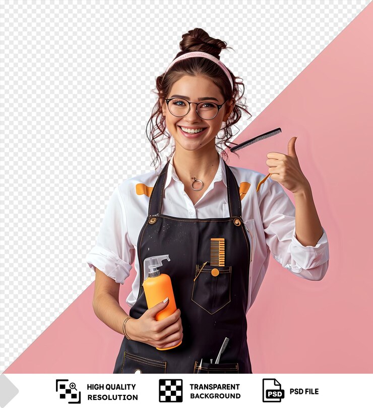 PSD barbero mujer en uniforme y gafas pulveriza el cabello da pulgares hacia arriba con peine en el bolsillo del delantal