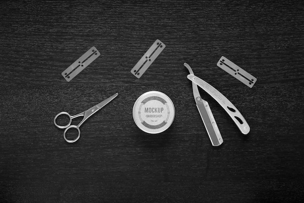 Barbershop werkzeuge anordnung mockup draufsicht