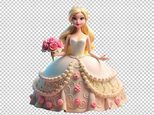 PSD barbie mignonne en 3d dans un gâteau de robe de mariée