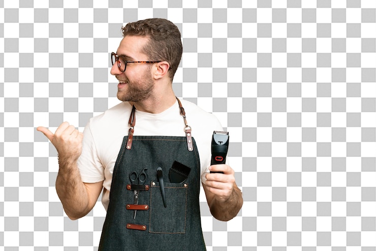 PSD barbier dans un tablier sur fond de clé chrome isolé pointant vers le côté pour présenter un produit