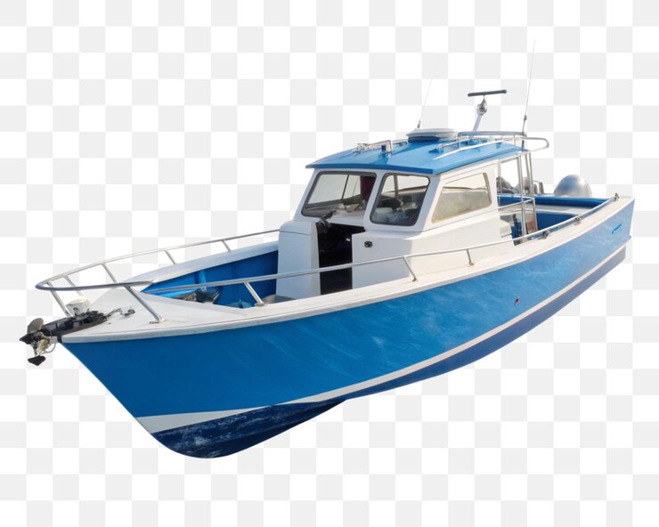 PSD barco a motor azul e branco isolado em fundo branco