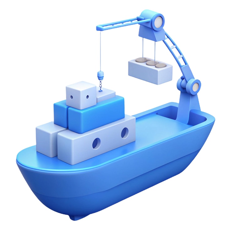 PSD un barco azul con un casco azul y una grúa en él