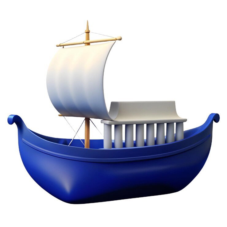 PSD un barco azul con una vela blanca y un poste amarillo
