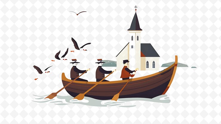 PSD un barco con un barco y una iglesia en la parte superior