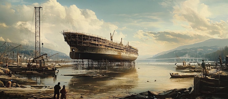 PSD un barco en construcción en un paisaje posapocalíptico
