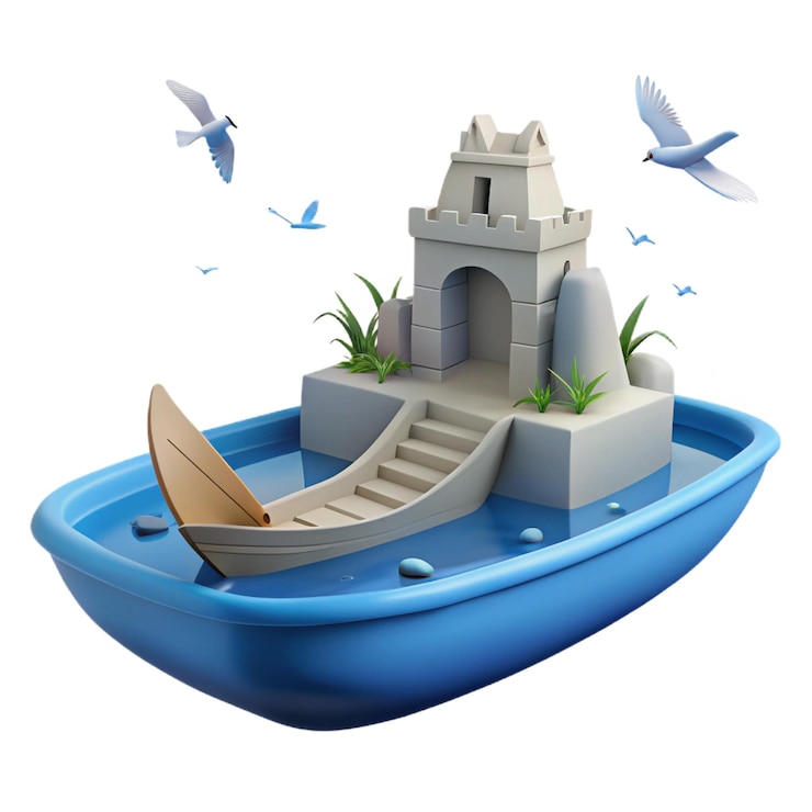 PSD un barco está en el agua con un barco y pájaros volando a su alrededor
