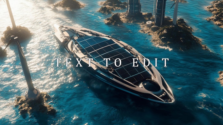 PSD un barco futurista alimentado por energía solar navegando entre turbinas eólicas en alta mar e islas