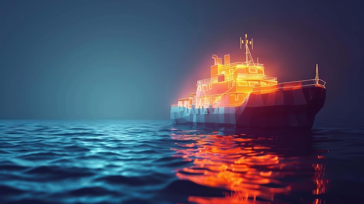 PSD un barco lowpoly con luces brillantes navega en el agua azul oscuro