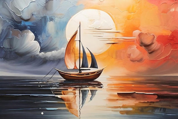 PSD un barco una luna arte de pintura abstracta dibujado a mano con pincel seco de fondo de pintura