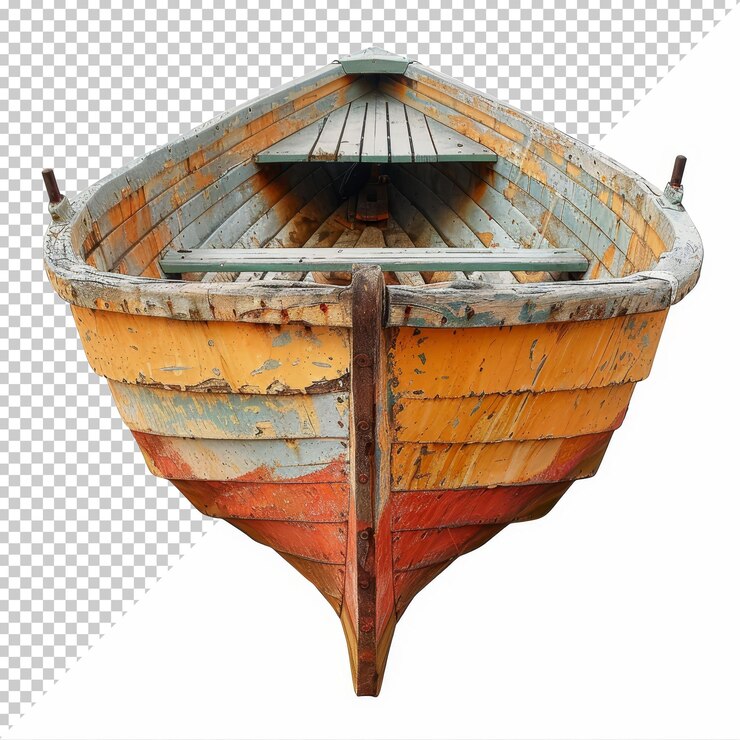 PSD un barco de madera desgastado que muestra colores de pintura vibrantes descansando en una costa tranquila durante la hora dorada al atardecer