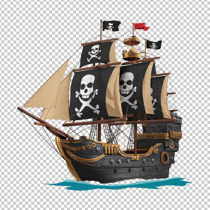 PSD un barco pirata con la bandera de jolly roger aislada sobre un fondo transparente