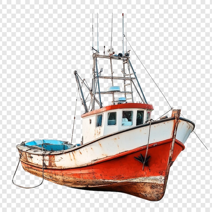 PSD un barco rojo y blanco con un casco azul y el fondo