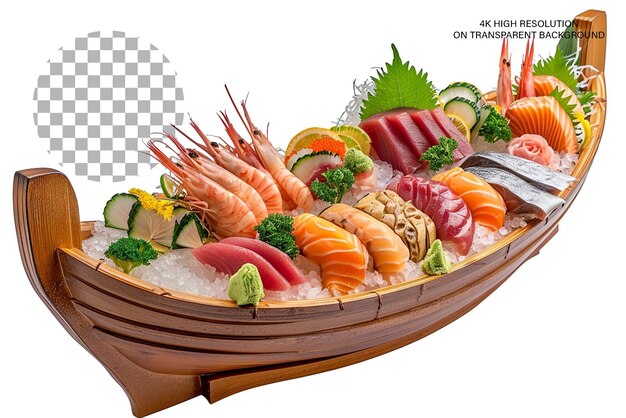 PSD barco sashimi japonés aislado sobre un fondo transparente