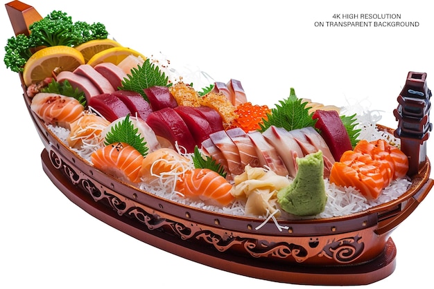 Barco sashimi japonés aislado sobre un fondo transparente