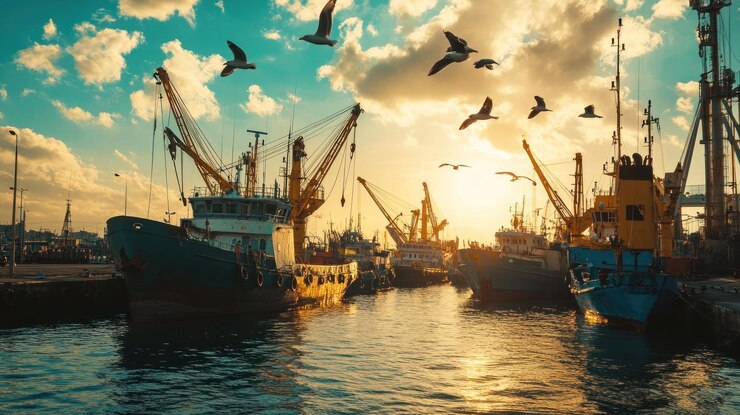 PSD barcos de pesca al atardecer con gaviotas volando