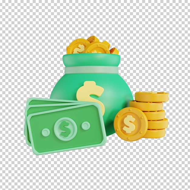 Bargeldbeutel mit Dollarzeichen, Goldmünze und Dollar-Banknoten Geldwährungssymbol 3D-Rendering