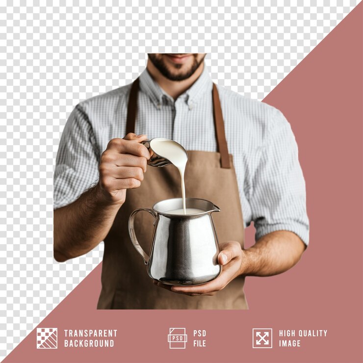 PSD el barista de una cafetería vierte leche en una taza de café sobre un fondo transparente