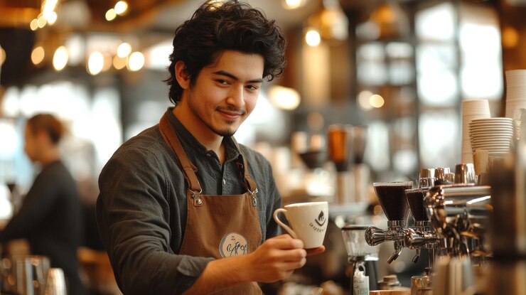 PSD barista sonriente sosteniendo una taza de café en una cafetería