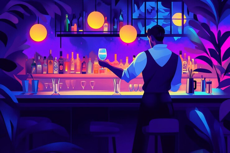 PSD barman preparando un cóctel en un bar débilmente iluminado rodeado de exuberantes plantas tropicales