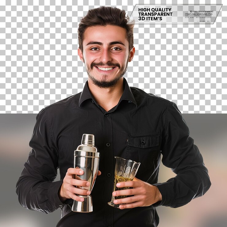PSD barman realista un barman con una sonrisa amistosa en un fondo transparente