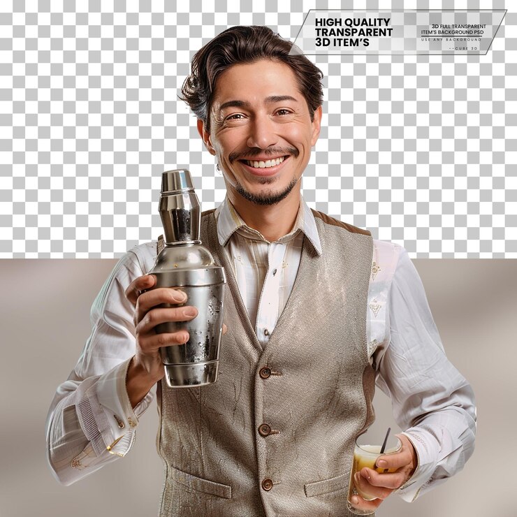 PSD barman realista un barman con una sonrisa amistosa en un fondo transparente