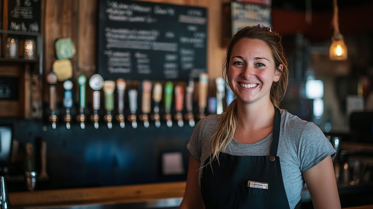 PSD une barmanette souriante dans un bar à bière artisanale