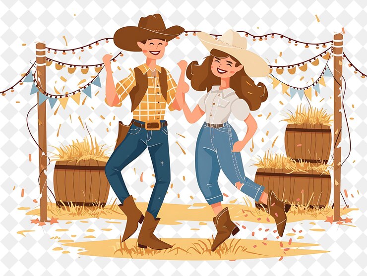 PSD barn rústico com personagens de cowboy e cowgirl dançando design pessoas estilo de vida ilustração plana