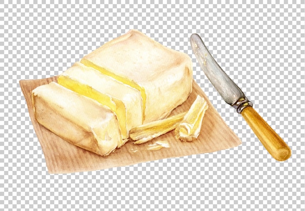 Barra de acuarela de mantequilla ilustración dibujada a mano aislada sobre fondo blanco Mantequilla margarina untar productos lácteos