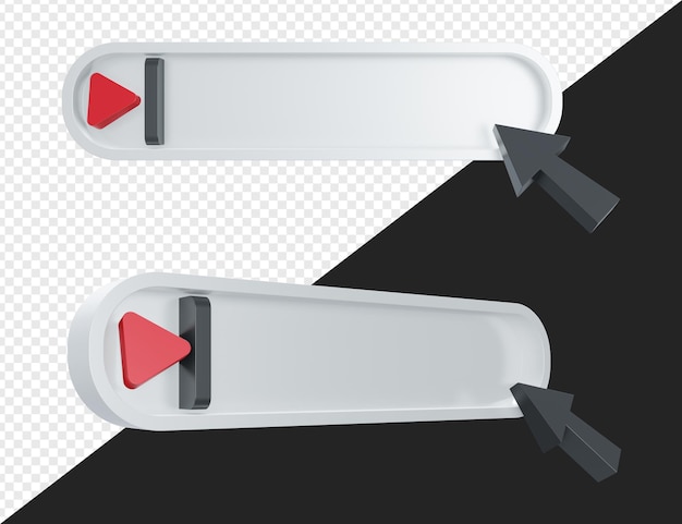 Barra de búsqueda en blanco realista 3d con puntero y símbolo de botón de reproducción aislado