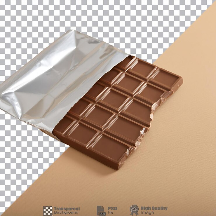 PSD barra de chocolate aislada en envoltura de papel de aluminio
