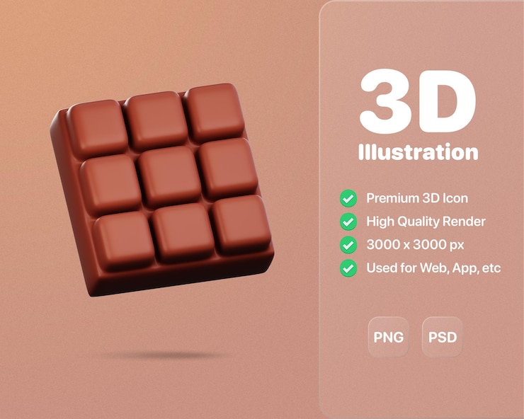 PSD barra de chocolate, icono, 3d, ilustración