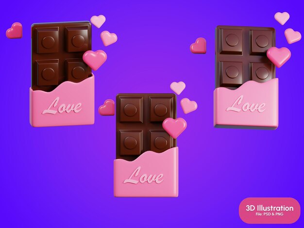 Barra de chocolate ilustración 3d del amor y el romance