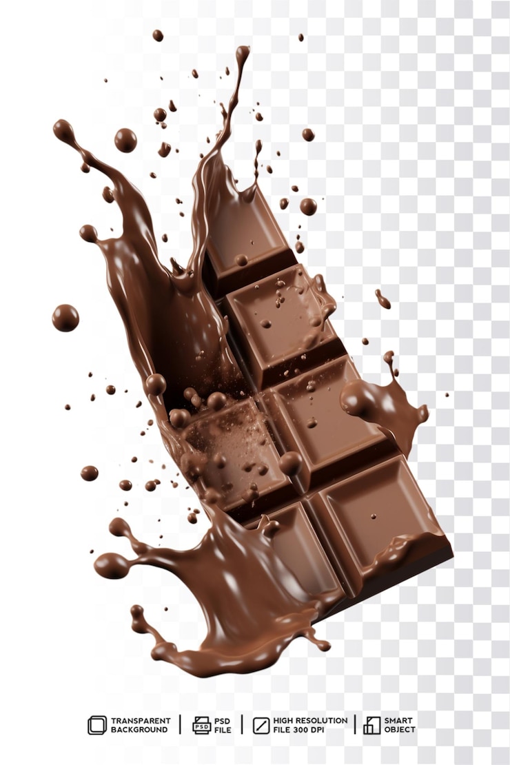 PSD una barra de chocolate con una salpicadura de chocolate en un fondo transparente