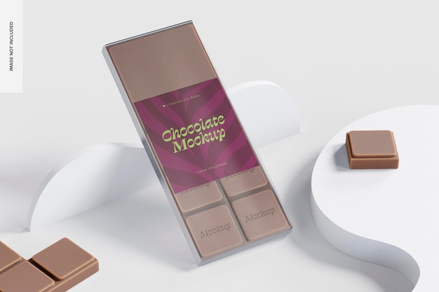 Barra de chocolate fina com maquete de rótulo, inclinada