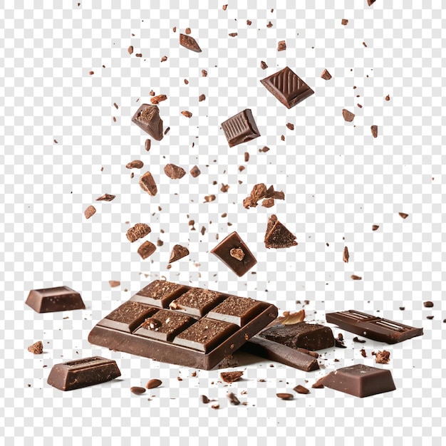 Barra de chocolate quebrada com pedaços espalhados em um fundo transparente