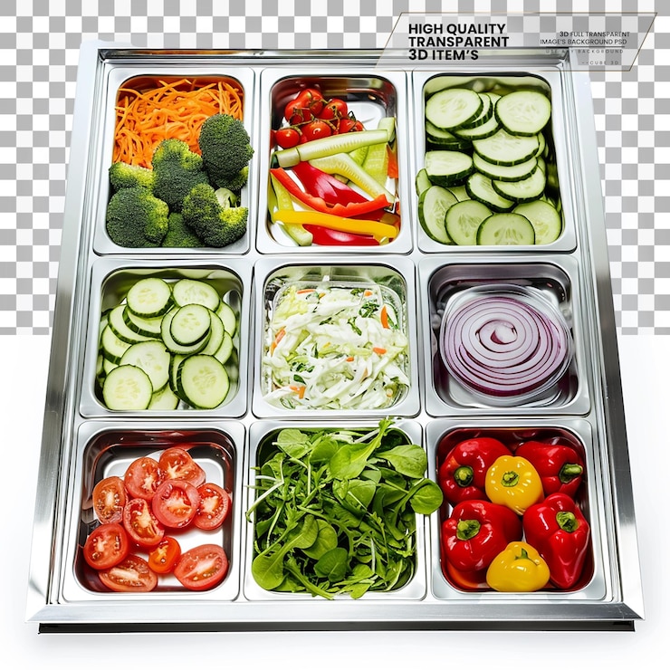 PSD barra de ensalada plateada una barra de ensalada refrigerada con compartimentos en un fondo transparente
