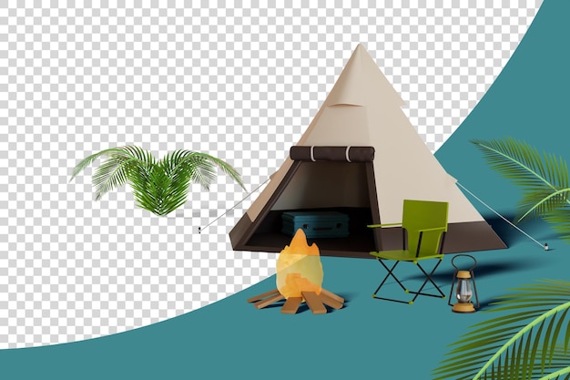 Barraca triangular com cadeiras de fogueira e lanternas 3d render ilustração