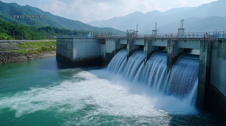 PSD barragem hidrelétrica liberando água em um vale fluvial
