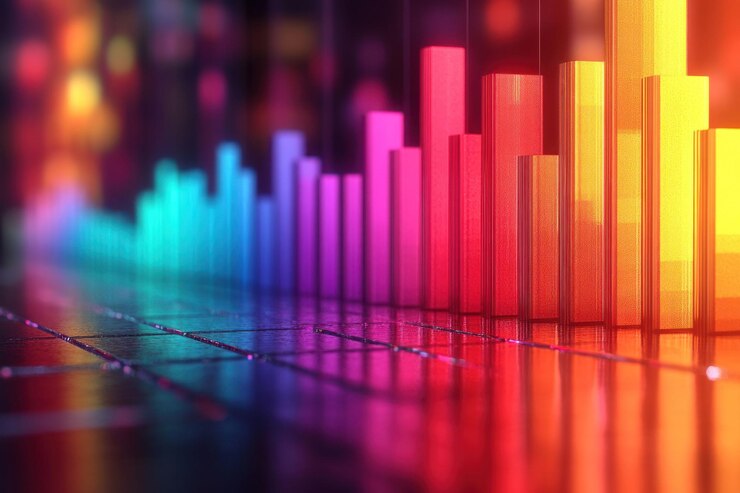 PSD barras abstractas de colores renderizadas en 3d que brillan con vibrantes colores de neón que se reflejan en una superficie oscura