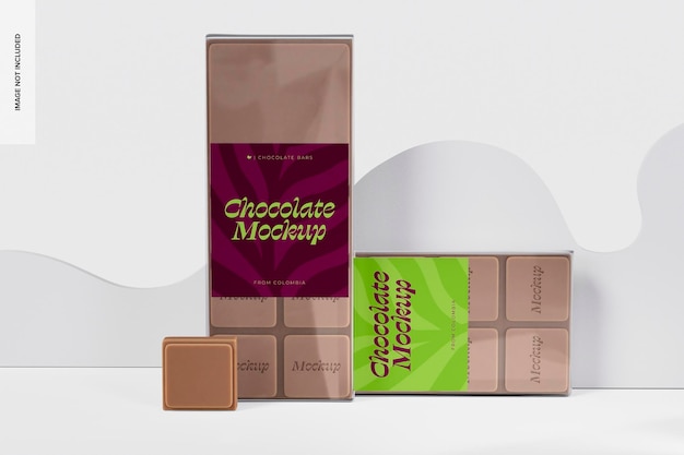Barras de chocolate finas com maquete de rótulo, em pé e caídas
