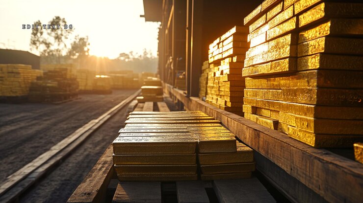 PSD barras de oro apiladas en paletas de madera en una refinería al amanecer