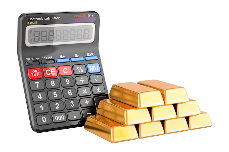 PSD barras de oro con representación 3d de la calculadora aisladas sobre un fondo transparente
