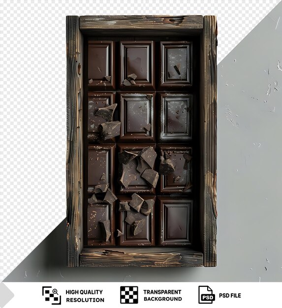 PSD une barre de chocolat noir brisée incroyable dans un porte-boîte en bois contre un mur blanc