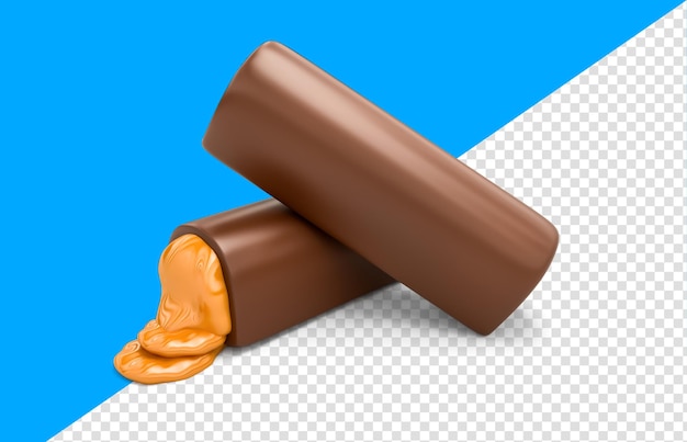 Barretta di cioccolato con fusione di caramello dolce Barretta di cioccolato rotta con ripieno di caramello Illustrazione 3d